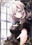  1girl alternate_costume black_bow black_dress black_ribbon blue_eyes border bow breasts ceras_yanagida_lilienfeld cleavage closed_mouth commentary_request dress earrings grey_hair hair_ribbon highres hoijin indoors jewelry lace lace_sleeves large_breasts long_sleeves looking_at_viewer love_live! love_live!_hasu_no_sora_jogakuin_school_idol_club ornate_border ribbon smile solo stud_earrings virtual_youtuber window 