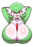  1girl alternate_breast_size_(larger) armpits arms_behind_head arms_up blush breasts cleavage colored_skin commentary_request gardevoir green_hair green_skin hair_over_one_eye highres huge_breasts looking_at_viewer multicolored_skin open_mouth pokemon pokemon_(creature) red_eyes short_hair siglk smile solo two-tone_skin white_skin 