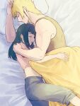  1boy 1girl bed black_hair black_shirt blanket blonde_hair carly_nagisa closed_eyes commentary_request highres hug ishinonono jack_atlas long_hair midriff on_bed pillow shirt sleeping yu-gi-oh! yu-gi-oh!_5d's 