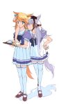  2girls animal_ears arms_around_another's_back blonde_hair blue_eyes bow bowtie cup dress food gold_city_(umamusume) gold_ship_(umamusume) holding holding_tray horse_ears horse_girl horse_tail long_hair multiple_girls pillbox_hat puffy_short_sleeves puffy_sleeves roku_(tsua-kihuyu) sandwich school_uniform shoes short_sleeves tail tea teacup thighhighs tracen_school_uniform tray umamusume white_background white_hair white_thighhighs 