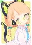  1girl animal_ear_headphones animal_ears bespectacled bilingual_commentary blonde_hair blue_archive blue_necktie blunt_bangs blush border bow cat_ear_headphones cat_ears cat_tail closed_mouth collared_shirt commentary_request english_commentary fake_animal_ears glasses green-framed_eyewear green_background green_bow green_eyes green_halo hair_bow halo headphones highres looking_at_viewer mechanical_tail midori_(blue_archive) mixed-language_commentary necktie outside_border saga_inu shirt short_hair simple_background smile solo tail upper_body white_border white_shirt 