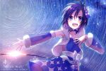  1girl :d antenna_hair ayuko_(ayuco) black_hair blue_dress blue_sleeves commentary_request detached_sleeves dress fur-trimmed_vest fur_trim idolmaster idolmaster_(classic) idolmaster_platinum_stars kikuchi_makoto miracle_dance_hall_(idolmaster) official_alternate_costume outdoors print_dress purple_eyes short_hair smile solo sparkle_print standing vest white_vest 