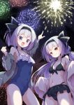  2girls :d aerial_fireworks alternate_costume bikini black_bikini black_hairband blue_eyes blue_one-piece_swimsuit breasts breasts_apart closed_mouth coat commentary_request covered_navel cowboy_shot dual_persona fireworks futa_(nabezoko) green_jacket grey_hair hairband jacket konpaku_youmu konpaku_youmu_(ghost) long_hair looking_at_viewer multiple_girls navel night one-piece_swimsuit open_clothes open_coat open_jacket personification pointing pointing_up red_eyes short_hair small_breasts smile stomach swimsuit thighs touhou very_long_hair white_coat 