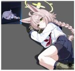  1girl animal_ears black_shorts black_socks blue_archive blue_sailor_collar blue_skirt blush boots braid brown_hair closed_mouth commentary english_commentary fox_ears fox_girl game_screenshot_inset gloves green_boots green_eyes green_gloves green_halo halo highres long_hair melissa_v2 neckerchief otogi_(blue_archive) red_neckerchief reference_inset sailor_collar school_uniform screenshot_inset serafuku shirt short_shorts shorts shorts_under_skirt skirt socks solo upskirt very_long_braid very_long_hair white_shirt 