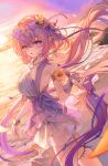 1girl alternate_costume bikini bracelet bridal_gauntlets bright_pupils castorice_(honkai:_star_rail) commentary_request floating_hair flower highres honkai:_star_rail honkai_(series) jewelry long_hair looking_at_viewer outdoors parted_lips pioko pointy_ears purple_bridal_gauntlets purple_eyes purple_hair single_bridal_gauntlet solo standing sunflower swimsuit very_long_hair white_bikini white_pupils 