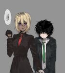  1boy 1girl angry bandage_on_face bandaged_fingers bandages black_gloves black_hair black_jacket black_skirt blonde_hair breasts chinese_text chongfeng235 clenched_hand clothing_cutout collared_shirt degrees_of_lewdity embarrassed flustered glove_cutout gloves green_eyes green_necktie grey_background hair_between_eyes hair_intakes hetero high-waist_skirt highres hikimayu holding_hands hood hood_down hooded_jacket jacket kylar_(degrees_of_lewdity) kylar_(male)_(degrees_of_lewdity) long_sleeves looking_to_the_side medium_breasts messy_hair necktie open_mouth player_character_(degrees_of_lewdity) player_character_(female)_(degrees_of_lewdity) protecting purple_eyes red_necktie school_uniform shirt simple_background simplified_chinese_text skirt sleeves_past_wrists speech_bubble sweatdrop taller_female_shorter_male v-shaped_eyebrows white_shirt 