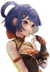 1girl arm_at_side armband bare_shoulders black_dress black_gloves blue_hair bow braco braid braided_hair_rings breasts brown_armband brown_bow china_dress chinese_clothes cleavage_cutout clothing_cutout commentary dress eating fingerless_gloves food_in_mouth genshin_impact gloves hair_ornament hair_rings hairclip hand_up highres short_eyebrows short_hair sidelocks simple_background sleeveless sleeveless_dress small_breasts solo thick_eyebrows upper_body white_background xiangling_(genshin_impact) yellow_eyes 