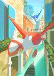  1girl alto_mare bianca_(pokemon_heroes) blue_sky boat bridge brown_hair building canal claws commentary_request day flying lamppost latias latios luna_mokamoka outdoors pokemon pokemon_(anime) pokemon_(classic_anime) pokemon_(creature) pokemon_focus pokemon_heroes:_latios_&amp;_latias sky stairs two_side_up water watercraft window yellow_eyes 