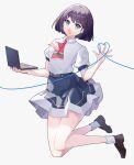  1girl azabu_mai blue_eyes blue_skirt blunt_ends bob_cut collared_shirt commentary computer heart heart_of_string highres holding holding_laptop ikizulive!_love_live!_bluebird laptop looking_at_viewer love_high_school_uniform love_live! miniskirt neckerchief pink_neckerchief pleated_skirt puffy_short_sleeves puffy_sleeves purple_hair ruoguiling school_uniform shirt short_hair short_sleeves simple_background skirt solo white_background white_shirt 