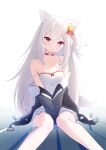  1girl :o animal_ear_fluff animal_ears arms_between_legs bare_legs bare_shoulders bell black_jacket breasts buttons capuchi_(111cappuccino) choker collarbone commentary_request commission dress feet_out_of_frame hair_bell hair_ornament head_tilt heart heart_o-ring heart_ring_choker highres jacket jacket_partially_removed jingle_bell knees_together_feet_apart light_blush long_sidelocks looking_at_viewer o-ring o-ring_choker one_side_up open_mouth original pleated_dress red_choker red_eyes short_dress sidelocks sitting sleeveless sleeveless_dress small_breasts solo spaghetti_strap strap_slip sundress tail white_dress white_hair 
