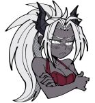  bare_shoulders black_horns blush breasts camisole cleavage colored_skin cropped_torso crossed_arms dark-skinned_female dark_skin demon_girl demon_horns demon_tail grey_skin helltaker horns judgement_(helltaker) long_hair ponytail red_camisole samme_hacci simple_background spiked_horns tail white_background white_eyes white_hair 