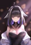  1girl ahoge azur_lane bare_shoulders black_hair black_hairband black_leotard breasts collarbone colored_inner_hair commentary_request frilled_hairband frills fuyuame5089 hair_intakes hairband highres jacket leotard light_blush medium_breasts medium_hair multicolored_hair orage_(azur_lane) parted_lips pink_eyes purple_hair solo upper_body white_jacket 