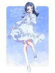  1girl :d aokaze_nana blue_bow blue_dress blue_eyes blue_hair blue_shoes bow dress dress_bow frilled_dress frills full_body hair_bow hand_on_own_face highres holding_own_dress kimi_to_idol_precure long_hair long_sleeves looking_at_viewer open_mouth precure puffy_long_sleeves puffy_sleeves serizawa_serizane shoes smile socks solo tareme watermark watermark_grid white_socks yellow_bow 