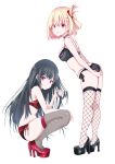  2girls alternate_costume armpit_crease ass bare_arms bare_shoulders black_bra black_choker black_hair black_panties black_shoes blonde_hair bra breasts choker closed_mouth colored_eyelashes commentary_request expressionless eyelashes eyes_visible_through_hair fishnet_thighhighs fishnets floral_print flower footwear_flower from_side full_body hair_between_eyes hair_ribbon hand_on_own_ass hand_up high_heels highres inoue_takina large_breasts leaning_forward legs long_hair looking_at_viewer lycoris_recoil medium_hair multiple_girls nishikigi_chisato one_side_up panties playing_with_own_hair purple_eyes red_bra red_eyes red_flower red_panties red_ribbon red_shoes ribbon shoes side-tie_panties signature simple_background skindentation small_breasts smile spider_lily squatting standing straight_hair thighhighs thighs underwear underwear_only very_long_hair white_background yanagiba_sakana 