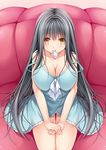  babydoll black_hair blush breasts brown_eyes cleavage condom_wrapper couch creek_(moon-sky) hands_together large_breasts long_hair looking_at_viewer mouth_hold original sitting smile solo strap_slip 
