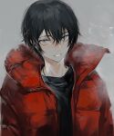  1boy absurdres black_hair black_shirt blush breath closed_mouth commentary_request grey_background grey_eyes hair_between_eyes highres jacket looking_at_viewer male_focus mole mole_under_eye open_clothes open_jacket original red_jacket shirt short_hair simple_background solo suechimu upper_body winter_clothes 