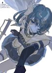  1girl arm_strap armor bandaged_head bandages blue_armor blue_eyes blue_gloves blue_hair blue_skirt breastplate breasts cape commentary_request covered_mouth cowboy_shot detached_sleeves fortissimo frills from_above gloves gold_trim hair_ornament hair_ribbon highres long_sleeves looking_at_viewer magical_girl mahou_shoujo_madoka_magica mahou_shoujo_madoka_magica:_walpurgis_no_kaiten medium_breasts miki_sayaka miki_sayaka_(magical_girl) musical_note musical_note_hair_ornament one_eye_covered ouge_dz pleated_skirt ribbon shirt sitting skirt solo strapless strapless_shirt sword thick_eyelashes thighhighs weapon white_background white_cape white_ribbon white_shirt white_thighhighs 