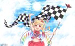  1girl :d absurdres adapted_costume animal_print arm_up armband armpits bare_shoulders bat_print blonde_hair blue_sky blush checkered_flag cloud commentary_request cowboy_shot crystal crystal_wings dated day fang flag flandre_scarlet floating_hair happy highleg highleg_panties highres holding holding_flag long_hair looking_to_the_side midriff miniskirt missing_headwear navel open_mouth outdoors outstretched_arm panties partial_commentary pleated_skirt race_queen red_armband red_eyes red_shirt red_skirt shirt side_ponytail skirt sky sleeveless sleeveless_shirt smile solo sun tareme tomazi touhou twitter_username underwear wings 