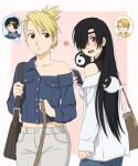  2boys 2girls 2others asa_(yomi_no_tsugai) bag black_bag black_hair black_shirt blonde_hair blush brother_and_sister brown_bag cellphone commentary_request creator_connection daifuku_(yomi_no_tsugai) earrings eyepatch fullmetal_alchemist hair_over_one_eye handbag heart highres holding holding_bag holding_leash holding_phone jacket jewelry laofuzi_dai_bansho leash long_hair long_sleeves looking_at_another looking_back mistaken_identity mole mole_under_mouth multiple_boys multiple_girls multiple_others navel off_shoulder ohagi_(yomi_no_tsugai) open_mouth pants pet_walking phone pocket red_eyes riza_hawkeye roy_mustang see-through_strap shirt siblings sleeveless smartphone star_(symbol) stud_earrings white_jacket white_pants yin_yang yomi_no_tsugai yuru_(yomi_no_tsugai) 