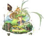  1girl artist_request bag bandaged_arm bandages bow bow_hairband bra braid brass_knuckles brown_bag brown_shoes buruma flower from_below giant giantess green_bow green_bra green_buruma green_eyes green_hairband green_neckerchief green_sailor_collar green_skirt hair_flower hair_ornament hairband lamppost long_hair melon_(monmusu_td) monster_musume_td mountain neckerchief official_alternate_costume official_art open_mouth orange_hair sailor_collar school school_gateway shirt shoes side_braid skirt socks solo standing standing_on_one_leg thighs underwear weapon white_background white_shirt white_socks wind wind_lift wristband 