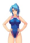  1girl blue_hair blush breasts brown_eyes closed_mouth competition_swimsuit cowboy_shot fuuki_iinchou_seira game_asset hands_on_own_hips highleg ishigaki_takashi large_breasts large_variant_set looking_at_viewer non-web_source official_art one-piece_swimsuit ponytail sakakibara_saori self-datamine short_hair simple_background smile solo swimsuit tachi-e transparent_background variant_set yellow_eyes 