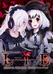  2girls :d absurdres bare_shoulders beret black_eyes black_hat black_horns black_jacket black_ribbon blue_dress blue_hairband bow bug butterfly collarbone collared_shirt colored_tears colored_tips commentary_request contrast_collar cover cover_page crescent crescent_necklace crying crying_with_eyes_open doujin_cover dress dress_bow frilled_dress frilled_hairband frilled_sleeves frills goat_horns gothic_lolita hair_bow hair_over_one_eye hair_ribbon hairband hat highres horns jacket jacket_partially_removed jewelry jogasaki_noah kusawokueyo lolita_fashion lolita_hairband long_hair long_sleeves looking_at_viewer mahou_shoujo_no_majo_saiban messy_hair multi-tied_hair multicolored_hair multiple_girls natsume_an-an neck_ribbon necklace off-shoulder_dress off_shoulder one_eye_covered paintbrush polka_dot polka_dot_bow purple_eyes red_butterfly ribbon shirt sleeves_past_fingers sleeves_past_wrists smile spoilers streaked_hair tears translation_request white_hair white_shirt wide_sleeves witch_(manosaba) 