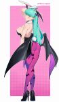  1girl absurdres animal_ear_hairband animal_ears animal_print arm_behind_back ass backless_leotard bare_shoulders bat_print bat_wings black_leotard black_shoes border breasts cesar_art456 character_name commentary crossed_legs darkstalkers demon_girl detached_collar english_commentary fake_animal_ears green_eyes green_hair hairband halftone head_wings high_heels highres large_breasts leotard light_blush long_hair looking_at_viewer low_wings morrigan_aensland outline outside_border pantyhose parted_lips pink_background playboy_bunny print_pantyhose pumps purple_pantyhose rabbit_ear_hairband rabbit_ears rabbit_tail seamed_legwear shoes side-seamed_legwear solo strapless strapless_leotard tail thong thong_leotard very_long_hair white_border white_outline wings 
