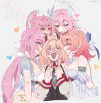  6+girls aemeath_(wuthering_waves) artist_name bikini blue_eyes blue_jacket blush breasts color_connection commentary company_connection cyrene_(demiurge)_(honkai:_star_rail) cyrene_(honkai:_star_rail) diamond-shaped_pupils diamond_(shape) dress earrings elf elysia_(honkai_impact) elysia_(miss_pink_elf)_(honkai_impact) elysia_(summer_miss_elf)_(honkai_impact) english_commentary genshin_impact hair_color_connection heart heart-shaped_pupils highres honkai:_star_rail honkai_(series) honkai_impact_3rd jacket jewelry large_breasts linnea_(genshin_impact) long_hair medium_hair mihoyo multiple_girls official_alternate_costume pink_hair planet_earrings pointy_ears purple_eyes qingque_(honkai:_star_rail) remielle_dan surrounded swimsuit symbol-shaped_pupils unfamousradish very_long_hair white_bikini white_dress wuthering_waves yuri zenless_zone_zero 