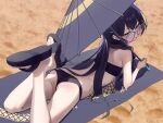  1girl absurdres back bikini black_bikini black_hair black_sandals blue_archive braid closed_mouth commentary from_above grey_eyes grey_halo halo highres holding holding_umbrella kisaki_(blue_archive) kisaki_(swimsuit)_(blue_archive) long_hair looking_at_viewer lying official_alternate_costume official_alternate_hairstyle on_stomach rubykong sand sandals side_braid solo sunglasses swimsuit toes umbrella very_long_hair 