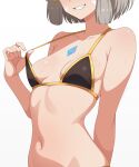  1girl absurdres ai-assisted bikini bikini_bottom_peek bikini_top_pull black_bikini breasts chest_jewel clothes_pull commentary english_commentary eyes_out_of_frame facial_mark fang flashing grey_hair guilegaze head_out_of_frame highres navel nia_(xenoblade) simple_background small_breasts smile solo stomach strap_pull sweat swimsuit upper_body whisker_markings xenoblade_chronicles_(series) xenoblade_chronicles_2 yellow_trim 