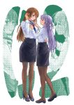  2girls blue_eyes braid brown_hair commentary_request eye_contact full_body hair_ornament hair_ribbon hand_on_another's_waist high_heels long_hair looking_at_another lyrical_nanoha mahou_shoujo_lyrical_nanoha_exceeds:_gun_blaze_vengeance multiple_girls necktie nishitoshi_x pantyhose pencil_skirt purple_hair reinforce_zwei ribbon shirt shoes simple_background skirt smile white_background white_shirt x_hair_ornament yagami_hayate yuri zoom_layer 