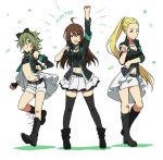  3girls :d ahoge amagase_touma arm_up belt black_belt black_boots black_hairband black_jacket black_thighhighs blonde_hair boots brown_hair catgirl0926 commentary_request genderswap genderswap_(mtf) green_hair hairband idolmaster idolmaster_side-m ijuuin_hokuto jacket jupiter_(idolmaster) knee_boots long_hair looking_at_viewer miniskirt mitarai_shouta multiple_girls navel one_eye_closed pleated_skirt ponytail short_hair shorts simple_background skirt smile standing star_(symbol) thighhighs very_long_hair white_background white_shorts white_skirt 