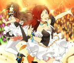  2girls :d ;d ahoge amagase_touma black_shoes breasts brown_hair catgirl0926 cleavage commentary_request concert confetti dress floating_hair genderswap genderswap_(mtf) high_heels idol idolmaster idolmaster_side-m long_hair multiple_girls one_eye_closed open_mouth red_eyes red_hair shoes smile standing tendo_teru thighhighs white_dress white_thighhighs 