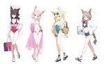  4girls absurdres alternate_costume alternate_hairstyle animal_ear_fluff animal_ears aqua_eyes bag bare_arms bare_legs bare_shoulders bikini black_bikini black_bow black_hair black_sandals blonde_hair blue_archive blue_eyes blue_halo blush bow braid breasts brown_bag brown_hair brown_sandals cleavage closed_mouth commentary_request fox_ears fox_girl fox_platoon_(blue_archive) frilled_one-piece_swimsuit frills full_body green_eyes green_halo green_one-piece_swimsuit hair_bow halo hand_on_own_hip highres holding holding_bag inapple jacket korean_commentary kurumi_(blue_archive) long_hair multiple_girls navel niko_(blue_archive) one-piece_swimsuit open_clothes open_jacket open_mouth otogi_(blue_archive) pink_bag pink_bow pink_hair pink_jacket pink_sandals ponytail red_eyes red_halo red_one-piece_swimsuit sandals shirt short_hair sleeveless sleeveless_shirt small_breasts smile stomach swimsuit tied_shirt toes transparent_bag twintails very_long_braid very_long_hair wet wet_clothes wet_shirt white_background white_bikini white_bow white_jacket yukino_(blue_archive) 