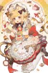  1girl absurdres ahoge animal animal_ear_fluff animal_ears apron black_bow black_bowtie blonde_hair blunt_bangs bow bowtie brown_eyes brown_shoes cake cake_slice cat cat_ears cat_girl cat_tail checkerboard_cookie cookie cup donut dress drinking_glass drinking_straw food foot_out_of_frame frilled_bow frills fruit hair_bow highres holding holding_pastry_bag leg_up looking_at_viewer open_mouth original over-kneehighs pastry_bag shoes short_hair short_sleeves si_ji_huagaole_ma sidelocks solo standing standing_on_one_leg strawberry swiss_roll tail thighhighs white_apron white_thighhighs yellow_dress 