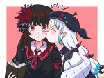  2girls armband beret black_capelet black_hair black_hat black_shirt book border bow capelet closed_eyes closed_mouth collared_shirt colored_tips commentary_request contrast_collar crown flower hair_bow hair_flower hair_ornament hat highres holding holding_book jacket jacket_partially_removed jogasaki_noah kiss long_hair long_sleeves mahou_shoujo_no_majo_saiban mini_crown multi-tied_hair multicolored_hair multiple_girls neck_ribbon necktie nikaido_hiro off_shoulder open_book polka_dot polka_dot_bow red_armband red_background red_eyes red_flower red_necktie ribbon shirt side_capelet simple_background streaked_hair white_border white_hair white_shirt yuri yurufuwankgr 