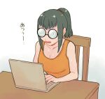  1girl at_computer bare_shoulders black_hair breasts carly_nagisa chair cleavage coke-bottle_glasses commentary_request computer glasses highres ishinonono laptop long_hair on_chair orange_shirt ponytail shirt sitting solo sweat table translation_request yu-gi-oh! yu-gi-oh!_5d's 