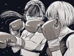  2girls blue_eyes boxing boxing_gloves breasts commentary_request faceless faceless_female flying_sweatdrops greyscale hatching_(texture) highres lee_(dragon_garou) long_hair medium_breasts monochrome multiple_girls original ponytail sepia short_hair sports_bra spot_color sweat 