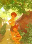  bag black_hair black_shorts blush brown_hair closed_eyes commentary_request crocs day florian_(pokemon) grass hand_fan highres holding hot kieran_(pokemon) leaf male_focus mole mole_on_neck multicolored_hair multiple_boys outdoors plant pokemon pokemon_scarlet_and_violet qianzhi_(akv31dh8ypasgvx) red_tank_top rock shirt shoes short_sleeves shorts squatting standing sweat tank_top tree white_shirt 