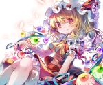  1girl ascot blonde_hair blush bow closed_mouth commentary_request crossed_bangs dutch_angle eyeball eyes_visible_through_hair feet_out_of_frame flandre_scarlet frilled_bow frilled_shirt_collar frilled_skirt frilled_sleeves frills hair_between_eyes hand_up hat hat_bow knees_up light_particles looking_at_viewer medium_hair medium_skirt midriff_peek mob_cap navel one_side_up puffy_short_sleeves puffy_sleeves rainbow_order red_bow red_eyes red_shirt red_skirt sekisei_(superego51) shirt short_sleeves simple_background sitting skirt sleeve_bow sleeveless sleeveless_shirt smile solo touhou white_background white_hat wings yellow_ascot 