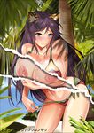  animal_ears bikini blush breast_hold breasts cat_ears fuetakishi huge_breasts looking_at_viewer navel nipples original outdoors page_tear palm_tree purple_hair revealing_cutout solo sweat swimsuit tree under_tree yellow_eyes 