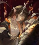  1girl arknights beads black_hair black_jacket braid closed_mouth commentary film_grain grey_horns horns jacket jie_(arknights) light_smile long_sleeves looking_at_viewer multicolored_hair orange_hair orange_horns rihi_(leehwa_owo) shirt short_hair_with_long_locks solo streaked_hair upper_body white_shirt yellow_eyes 