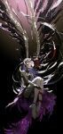  1girl absurdly_long_hair absurdres akemi_homura akuma_homura bare_legs barefoot black_background black_bridal_gauntlets black_dress black_hair black_wings bow bridal_gauntlets colored_inner_hair commentary_request covered_mouth curled_up dress feathered_wings floating floating_hair full_body gradient_background grey_background hair_bow hair_over_mouth high-low_dress highres hugging_own_legs leg_ribbon long_hair long_sleeves looking_at_viewer mahou_shoujo_madoka_magica mahou_shoujo_madoka_magica:_walpurgis_no_kaiten multicolored_hair partial_commentary purple_dress purple_eyes purple_hair red_bow red_ribbon ribbon simple_background solo two-sided_dress two-sided_fabric utsusemi_1024 very_long_hair wings 