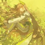  1girl absurdres arknights black_choker black_skirt brown_hair chinese_commentary choker closed_mouth coat commentary_request cricifysiki elf finger_to_cheek full_body grass highres knees_up lab_coat laurels leaf long_hair long_sleeves looking_at_viewer lying muelsyse_(arknights) on_ground on_side open_clothes open_coat outdoors pointy_ears skirt smile solo very_long_hair white_coat yellow_eyes 