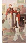  2boys 3girls artist_name black_gloves black_hair blue_eyes book book_stack candle candlestand ensemble_stars! flower frilled_sleeves frills full_body gloves grin hair_between_eyes hand_up heterochromia highres holding holding_needle itsuki_shu kagehira_mika kneeling long_sleeves looking_at_another maid male_focus multiple_boys multiple_girls needle open_mouth pants picture_frame pillarboxed pink_hair protected_link purple_eyes red_flower short_hair smile standing thread valkyrie_(ensemble_stars!) vase white_pants yellow_eyes yonumo 