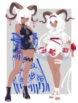  2girls :o absurdres animal_ears arknights beeswax_(arknights) beeswax_(holiday)_(arknights) black_one-piece_swimsuit black_shoes border breasts carnelian_(arknights) carnelian_(shimmering_dew)_(arknights) cleavage_cutout clothing_cutout commentary dark-skinned_female dark_skin dress flat_chest full_body goat_ears goat_girl goat_horns grey_background hand_on_own_hip high_heels highres horn_ornament horns inui_kayo medium_breasts multiple_girls official_alternate_costume one-piece_swimsuit outside_border red_eyes sandals shoes short_hair siblings simple_background sisters standing swimsuit untranslatable_commentary white_border white_dress white_hair white_sandals yellow_eyes 