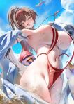  1girl absurdres animal_costume areola_slip bird bird_costume blue_sky blush breasts brown_eyes brown_hair cloud commentary_request drone from_below goddess_of_victory:_nikke highres huge_breasts lifeguard long_hair marciana_(marine_study)_(nikke) marciana_(nikke) navel navel_piercing o-ring_slingshot_swimsuit official_alternate_costume open_mouth open_onesie penguin penguin_costume penguin_hair_ornament penguin_ornament penguin_squad_(nikke) piercing ponytail red_slingshot_swimsuit red_visor_cap sand_on_skin sky skyfracture slingshot_swimsuit stomach swimsuit very_long_hair visor_cap wardrobe_malfunction 