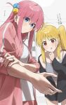  2girls absurdres blonde_hair blue_eyes blush bocchi_the_rock! camisole closed_mouth commentary_request cube_hair_ornament dated gotoh_hitori grey_camisole hair_ornament highres ijichi_nijika jacket jewelry long_hair looking_at_another multiple_girls one_side_up open_mouth pink_hair pink_jacket red_eyes ring seisyuntarotto signature track_jacket translation_request veins veiny_arms wedding_ring wife_and_wife 