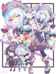  2girls :d absurdres armband asymmetrical_footwear beret black_capelet black_hair black_hat black_jacket black_pantyhose black_shirt black_shoes black_skirt blue_bow blush_stickers bow capelet chibi chibi_inset collared_shirt colored_tips commentary_request contrast_collar crossed_arms crown flower footwear_bow full_body gloves green_bow hair_bow hair_flower hair_ornament hat heterochromia highres holding holding_paintbrush jacket jacket_partially_removed jogasaki_noah layered_skirt long_hair long_skirt long_sleeves mahou_shoujo_no_majo_saiban mini_crown mismatched_footwear multi-tied_hair multicolored_hair multiple_girls multiple_views neck_ribbon necktie nikaido_hiro off_shoulder one_eye_closed overskirt paintbrush pantyhose pleated_skirt polka_dot polka_dot_bow polka_dot_skirt red_armband red_bow red_eyes red_flower red_necktie red_skirt reinoni ribbon shirt shoes side_capelet skirt sleeve_bow smile streaked_hair white_background white_gloves white_hair white_shirt white_shoes yellow_bow yellow_eyes 