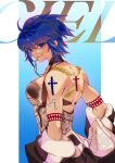  1girl ahoge arm_tattoo back_tattoo black_jacket blue_eyes blue_hair breasts bvixii character_name ciel_(tsukihime) cross cross_necklace cross_tattoo english_text fate/grand_order fate_(series) grey_one-piece_swimsuit highres jacket jacket_partially_removed jewelry large_breasts long_sleeves looking_at_viewer medium_hair multiple_tattoos mysterious_executor_c.i.e.l_(fate) necklace necklace_in_mouth official_alternate_costume one-piece_swimsuit powered_ciel shoulder_tattoo sideboob sidelocks smirk solo swimsuit tattoo tsukihime 